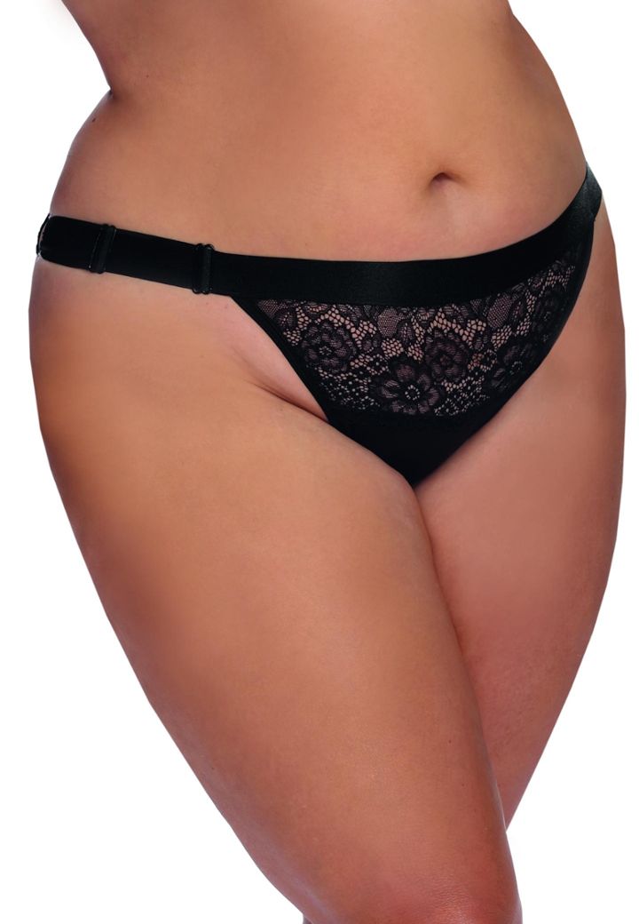 Culotte noire dentelle et satin : chaînette strass et ceinture ajustable