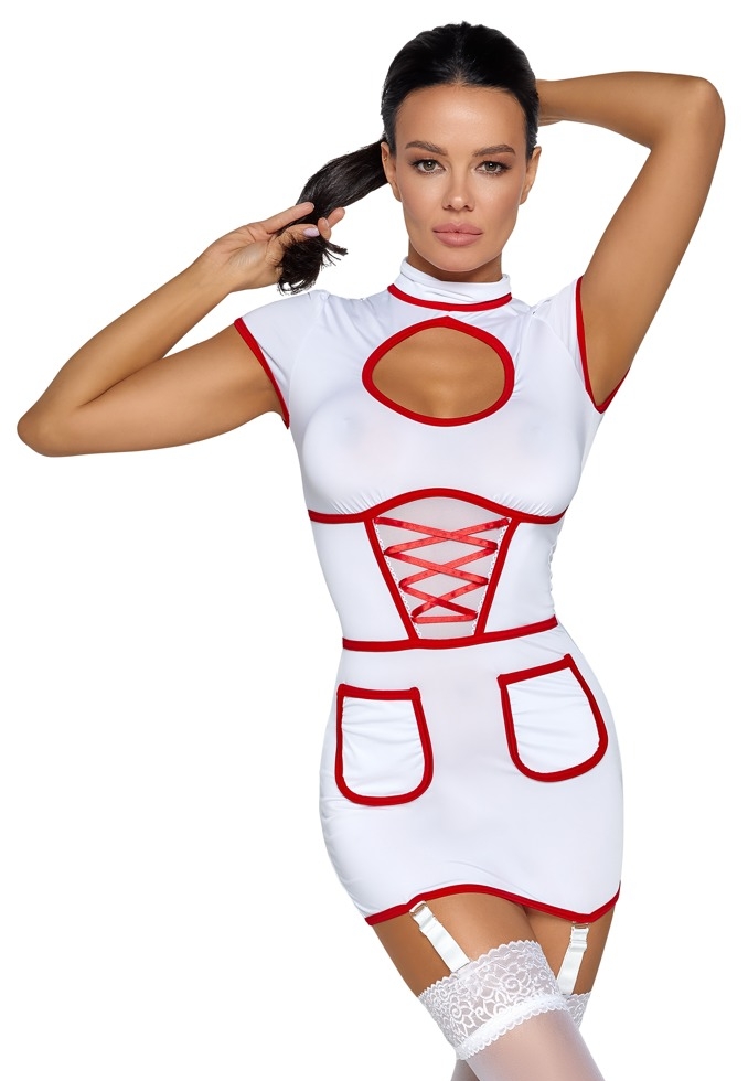 Sexy Krankenschwester-Kostüm weiß - Semi-transparentes kurzes Kleid mit Strumpfhaltern