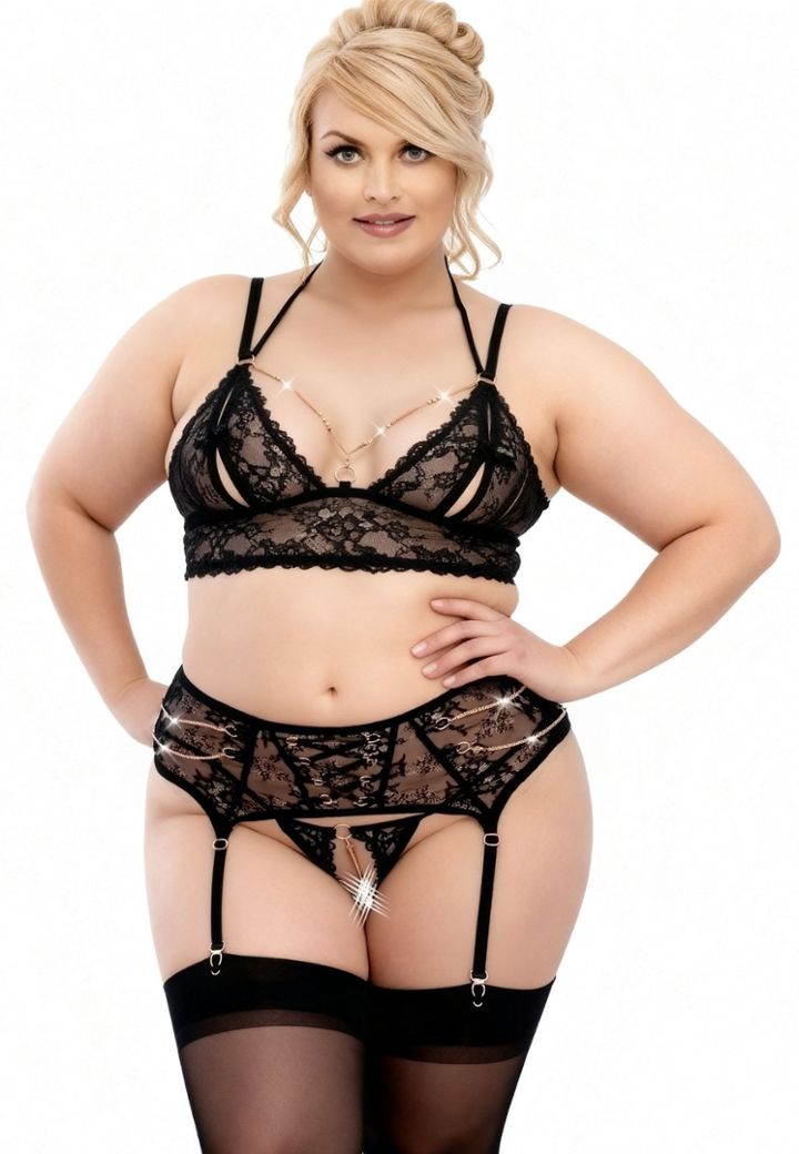 Lyséa — Drie-delige kanten set met roségoud, open en verleidelijk