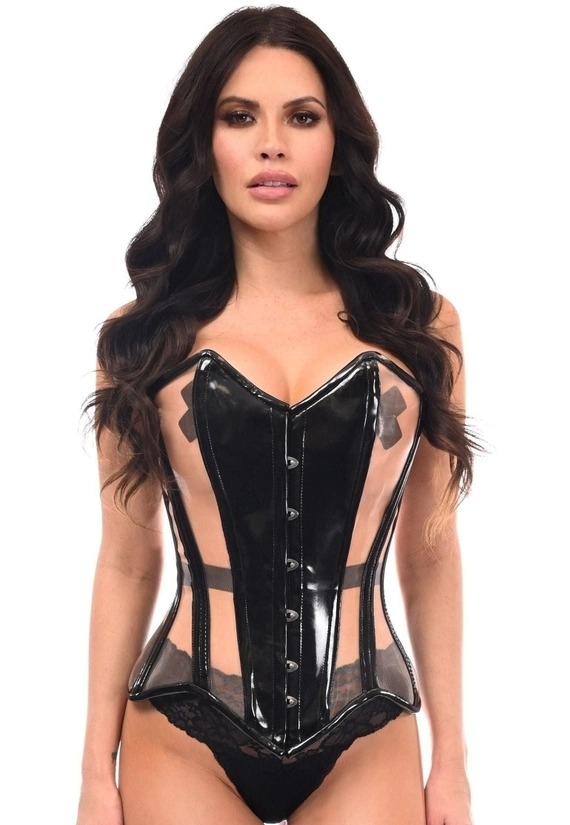 Espartilho overbust em vinil preto e rede transparente