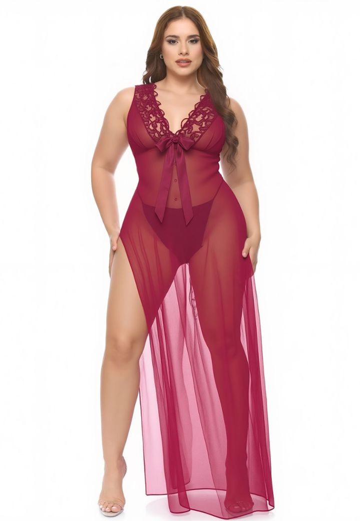 Bordeaux lange chemise met kant, strik en sensuele split