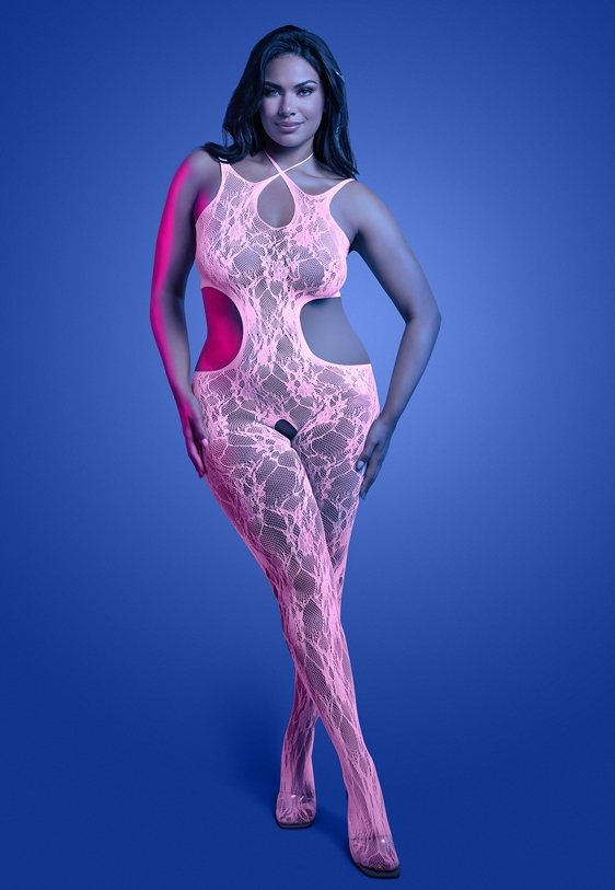 Bodystocking aus fluoreszierender Spitze : Rosa Eleganz, die leuchtet