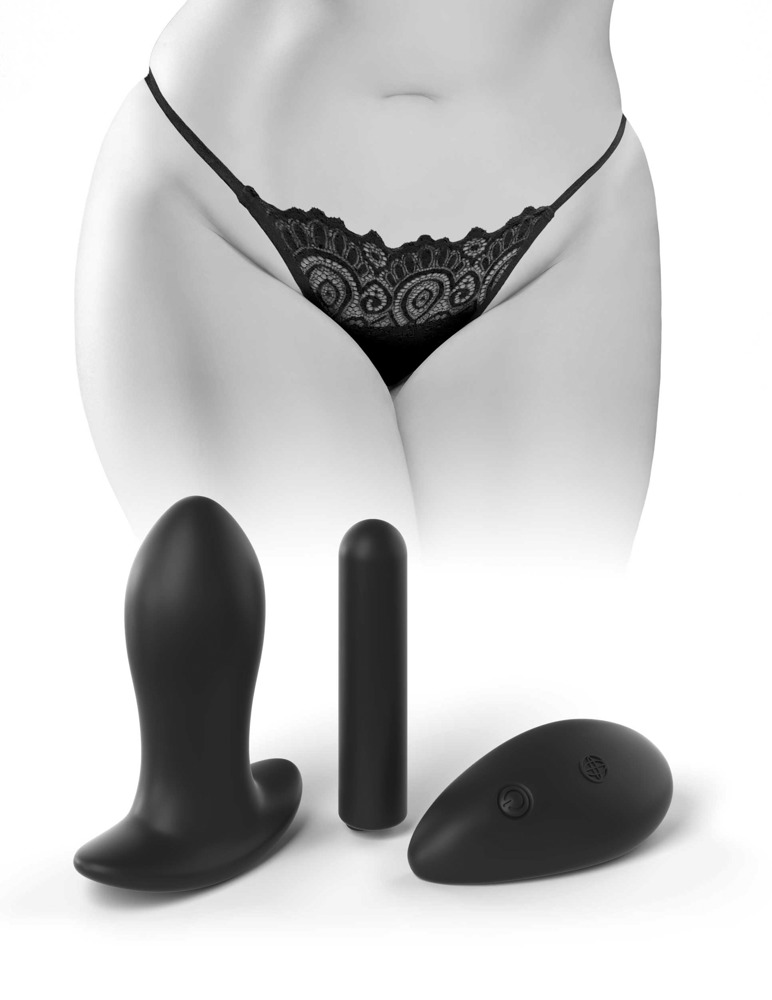 Open panties, with remote-controlled Dildo and lubricant