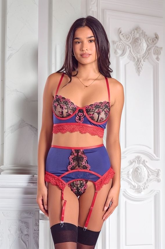 Ensemble Maurie - BH, Strumpfhalter und String Blau und Rot