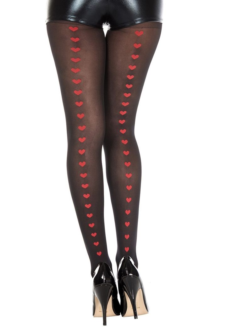 Black Semi-Opaque Tights : Red Hearts Line Back