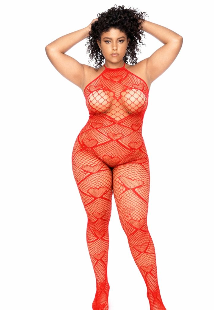 Bodystocking rojo de rejilla con corazones, strass, cuello halter elegante y abertura