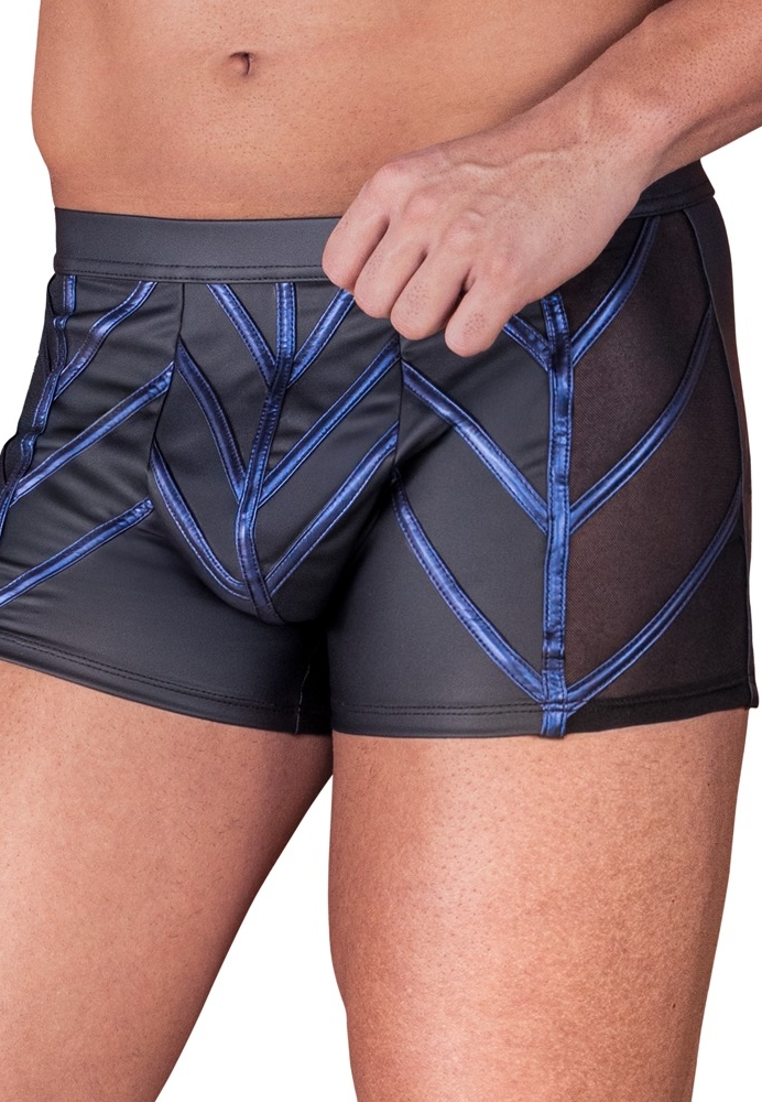 Fitted Boxer Shorts Black Matte : Blue Metallic Stripes and Mesh Inserts