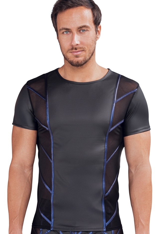 Fitted T-shirt Short Sleeves Black Matte : Mesh Inserts and Blue Metallic Stripes
