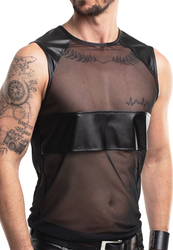 T-Shirt Silvestre - Transparentes schwarzes Netzgewebe - Kunstleder Einsätze