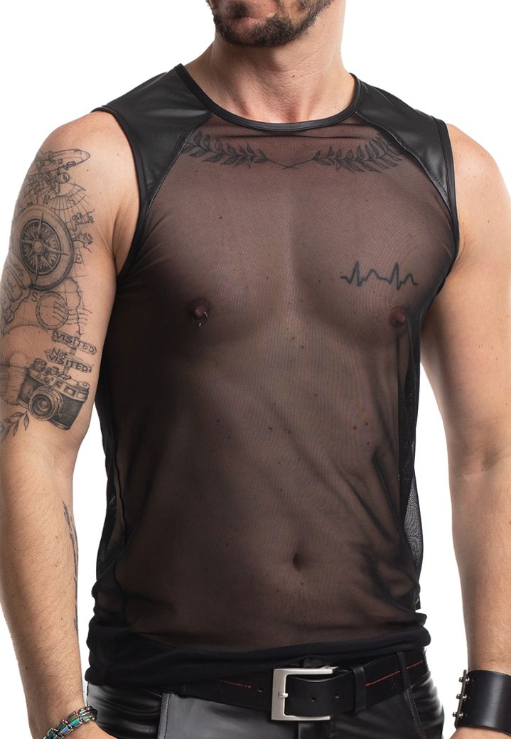 T-Shirt Norberto - Doorzichtig Netweefsel Zwart - Kunstleder Inzetten Schouders