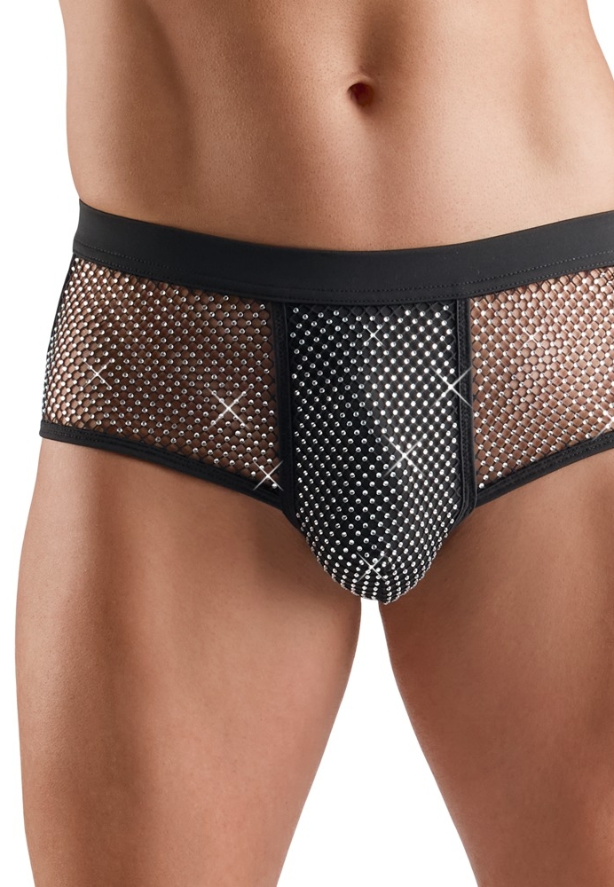 Black Boxer Shorts Rhinestones : Mesh Inserts and Sparkling Rhinestones Front