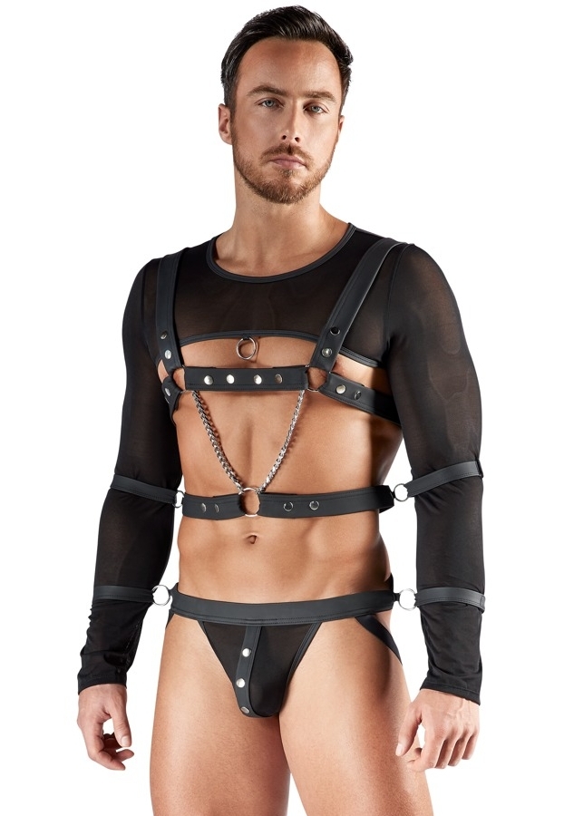 3-Piece Bondage Set Black : Crop-Top, Chest Harness, Jockstrap + 4 Soft Cuffs