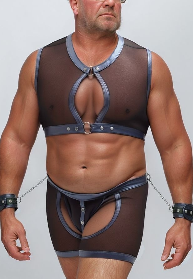 Schwarzes Netz-Bondage-Set mit blauem Wetlook und integrierten Handschellen
