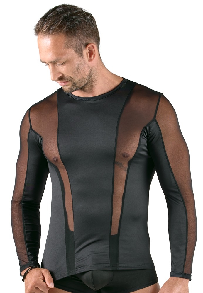 T-shirt de manga comprida com rede transparente para homem - Tecidos mistos preto
