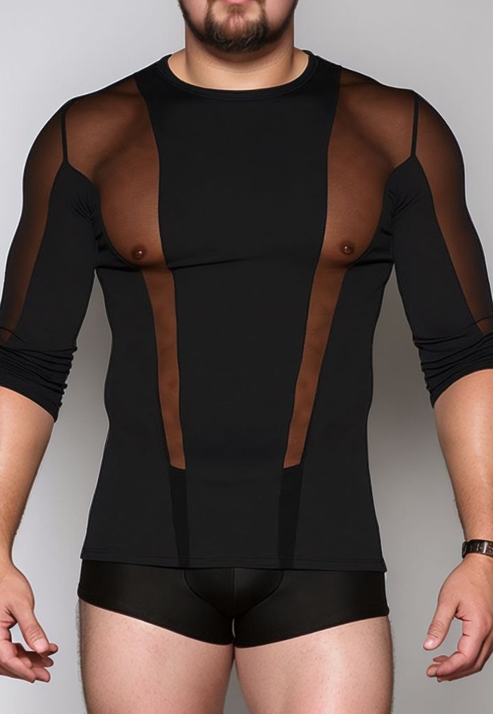 Men's long-sleeved transparent mesh T-shirt - Mixed materials black